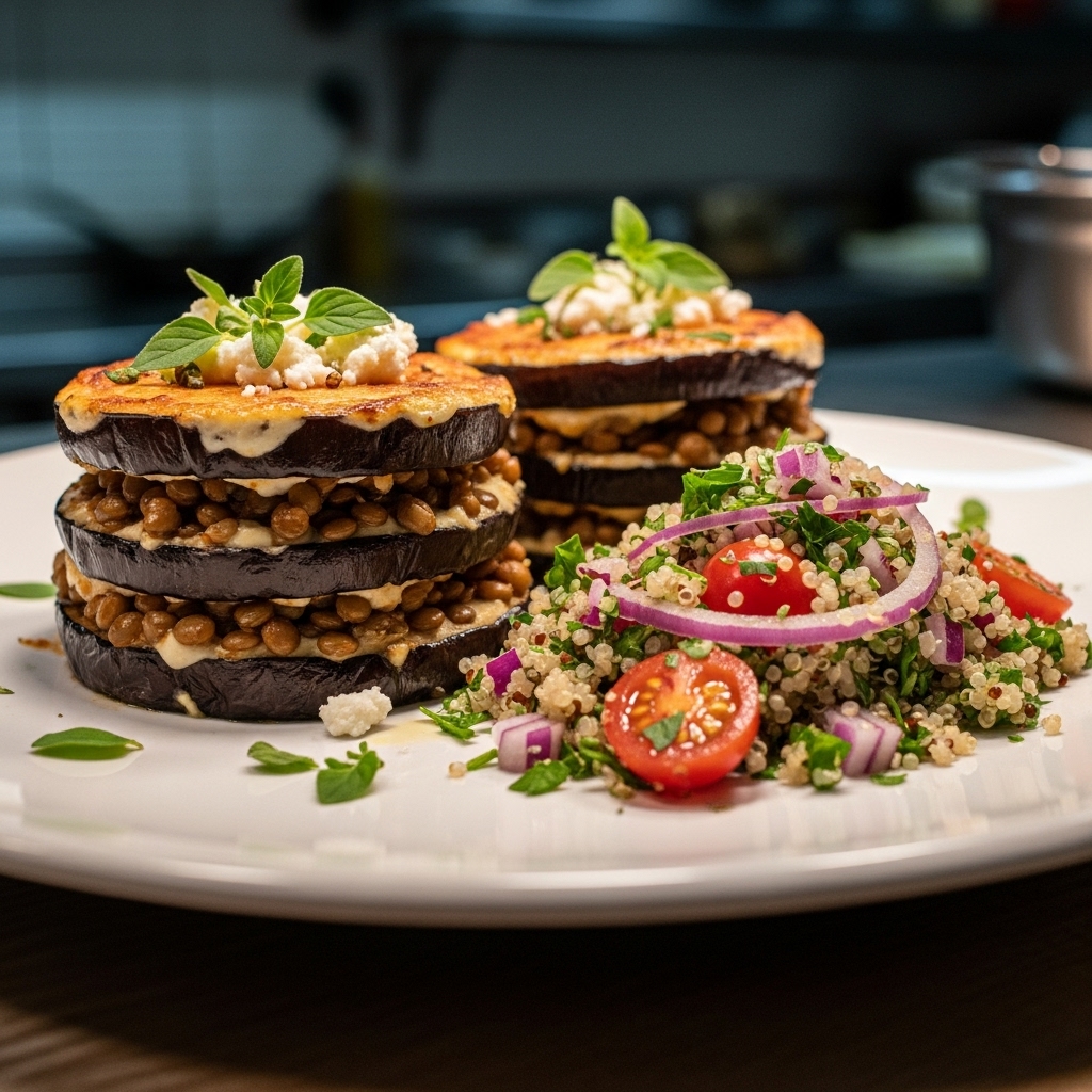 Delectable Greek Vegetarian Dinner for Two: Moussaka-Inspired Eggplant Stacks with Lemon Herb Quinoa