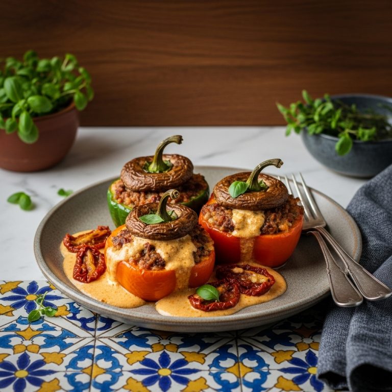 Delectable Hungarian Vegan Lunch Feast: Aromatic Mushroom Stuffed Bell Peppers with Creamy Sun-Dried Tomato Sauce