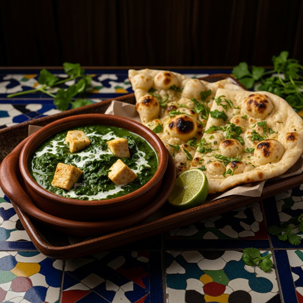 Delectable Indian Spinach Paneer Curry and Garlic Naan Dinner Delight