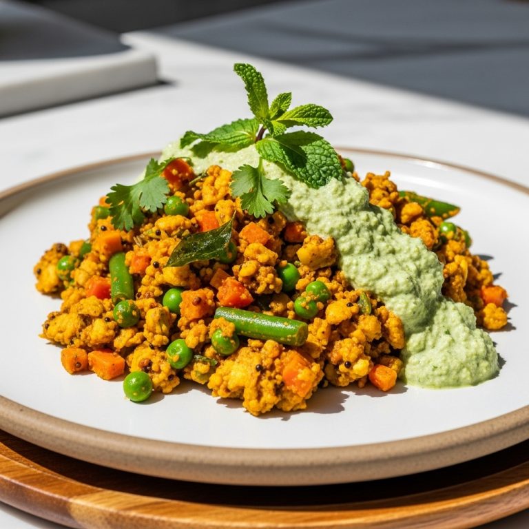 Delectable Indian Vegetarian Brunch: Coconut-Spiced Vegetable Scramble with Mint-Coriander Chutney