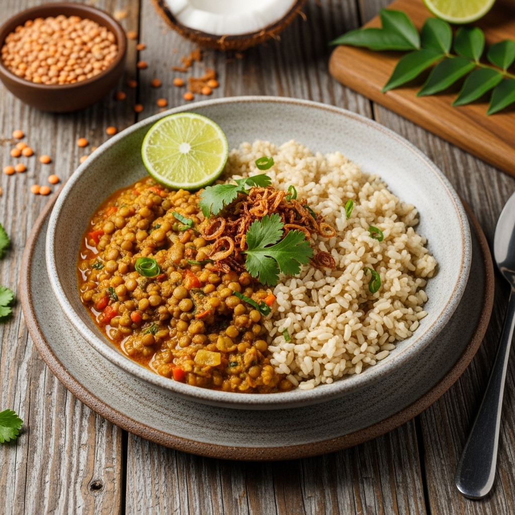 Delectable Indonesian Vegetarian Rice Bowl: Aromatic Javanese Lentil Curry with Coconut-Infused Brown Rice