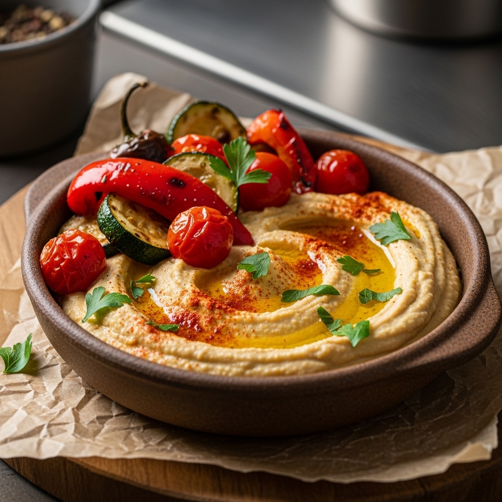 Delectable Israeli Snack: Spiced Hummus with Roasted Vegetables