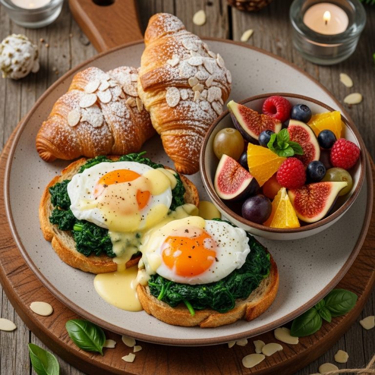 Delectable Italian Breakfast Trio: Eggs Florentine, Fresh Fruit Medley, and Almond Croissants