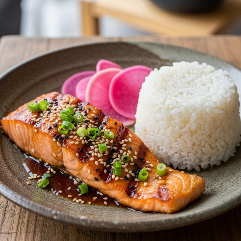 “Delectable Japanese Lunch: Grilled Salmon Teriyaki with Sushi Rice and Pickled Radish”
