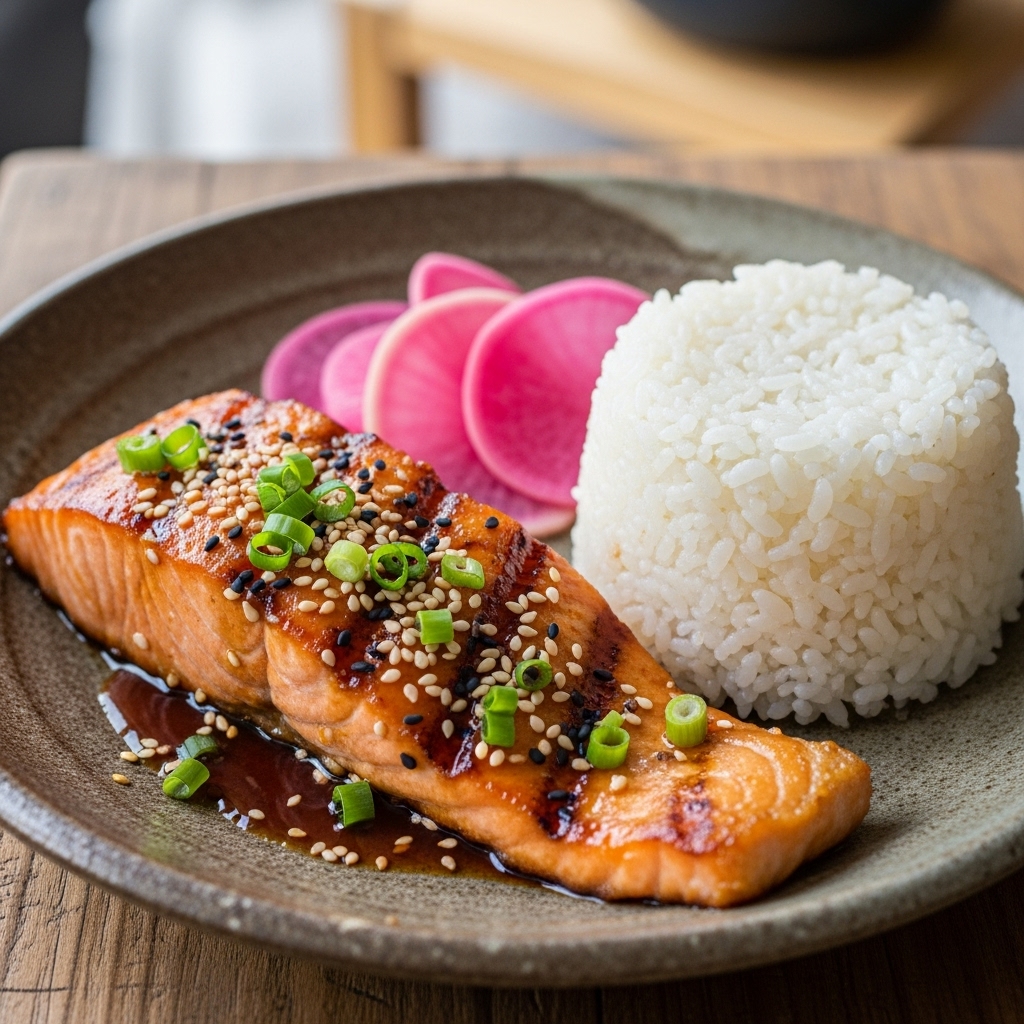 “Delectable Japanese Lunch: Grilled Salmon Teriyaki with Sushi Rice and Pickled Radish”