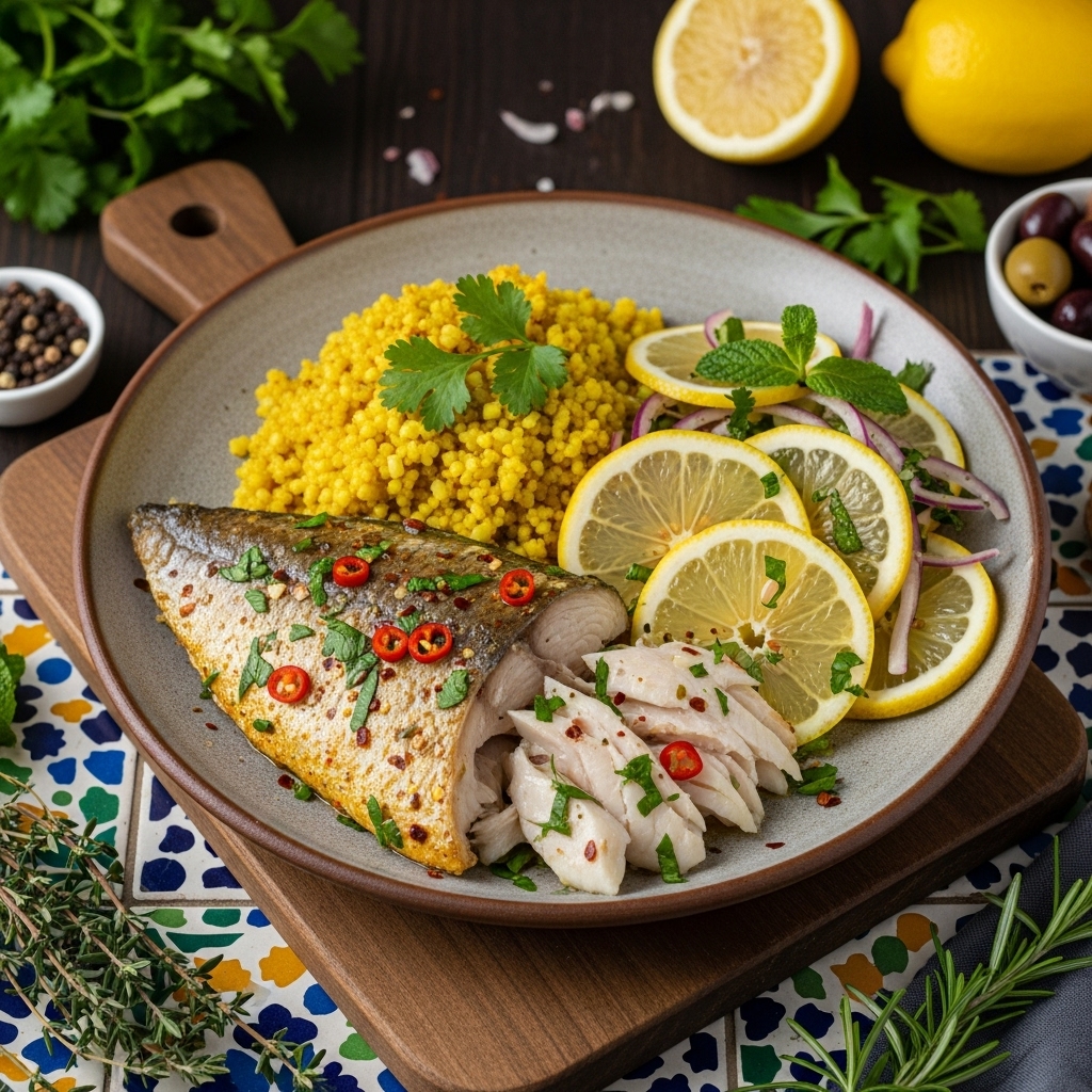 Delectable Keto Egyptian Fesikh (Salted Fish) with Spiced Cauliflower Rice and Zesty Lemon Salad