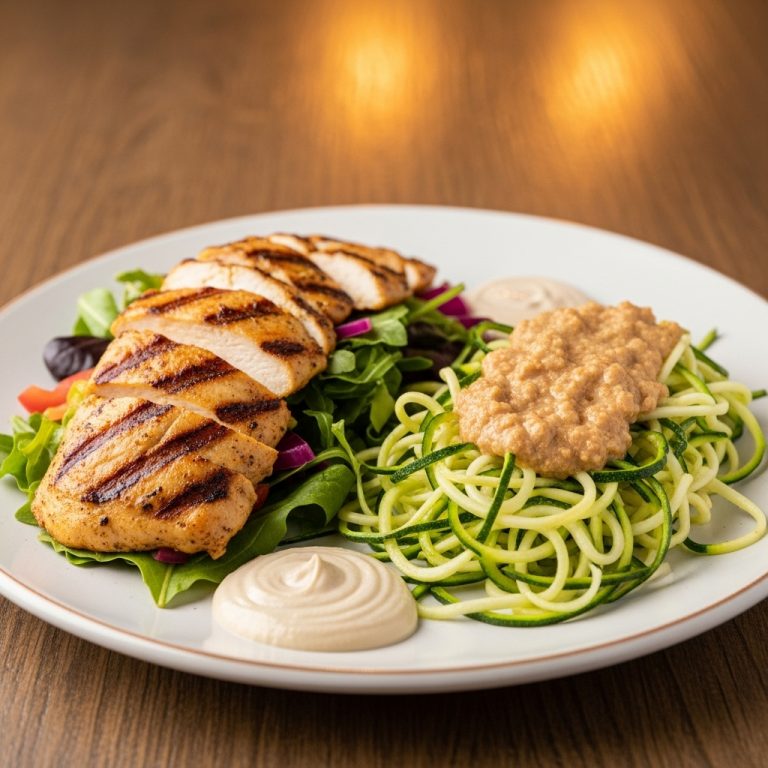 Delectable Keto-Friendly Lebanese Dinner Feast: Grilled Chicken Shawarma Salad and Zucchini Noodles with Tahini Sauce