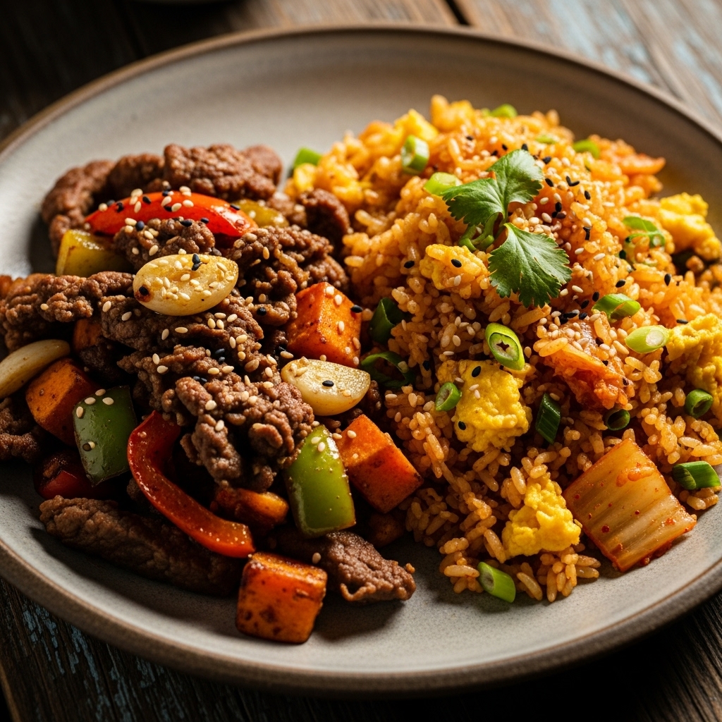Delectable Korean Paleo Breakfast Feast: Bulgogi Hash and Kimchi Fried Rice