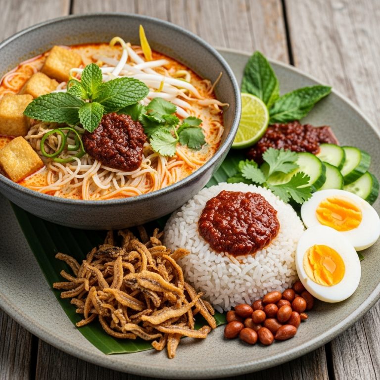 Delectable Malaysian Vegetarian Brunch Feast: Laksa Soup and Nasi Lemak
