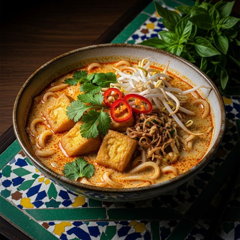 Delectable Malaysian Vegetarian Laksa Soup with Tofu Puffs