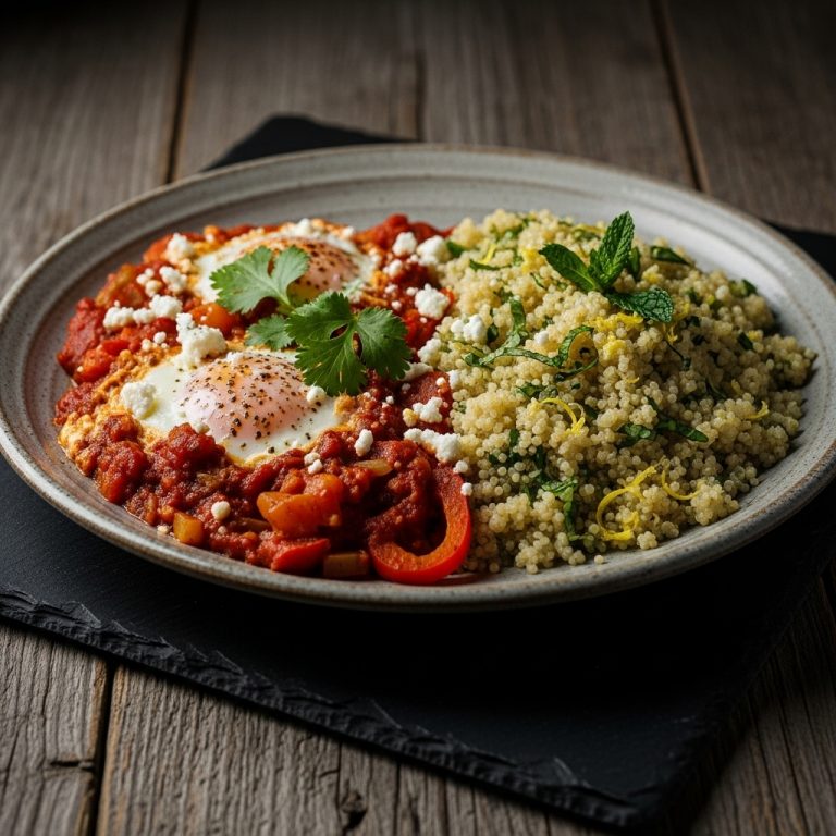 Delectable Moroccan Vegetarian Breakfast Feast: Aromatic Shakshuka with Mint Quinoa