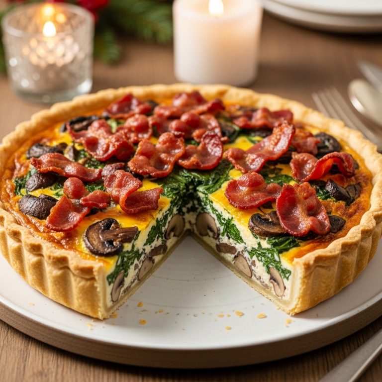 Delectable Mushroom and Spinach Quiche with Crispy Bacon