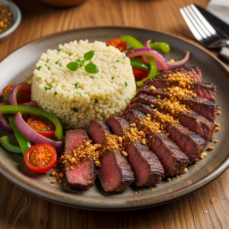 Delectable Nigerian Keto Dinner: Spicy Suya Steak and Creamy Cauliflower Rice with Vegetables