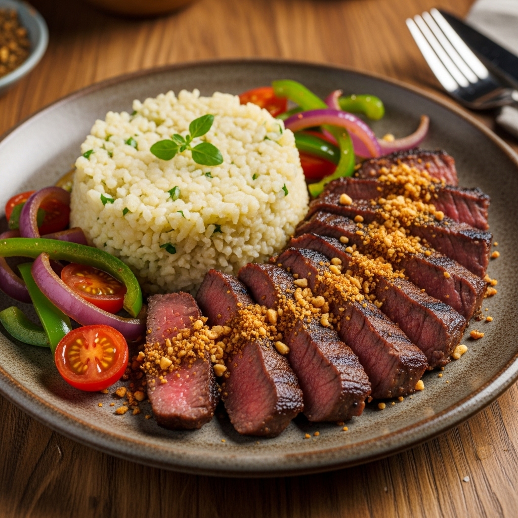 Delectable Nigerian Keto Dinner: Spicy Suya Steak and Creamy Cauliflower Rice with Vegetables