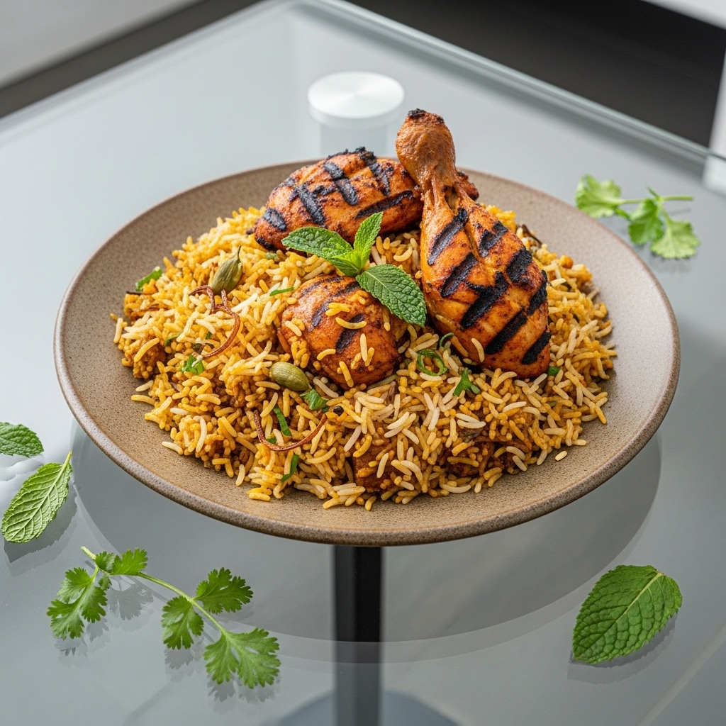 “Delectable Pakistani Paleo Breakfast: Aromatic Biryani with Grilled Chicken”