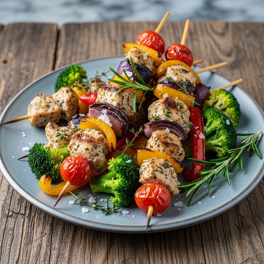 Delectable Paleo French Snack: Herb-Infused Chicken Skewers with Roasted Vegetables