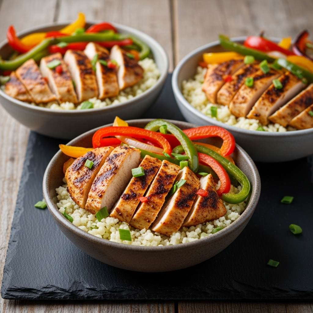 Delectable Paleo-Friendly Mexican Fajita Bowls: Grilled Chicken and Veggies Over Cauliflower Rice