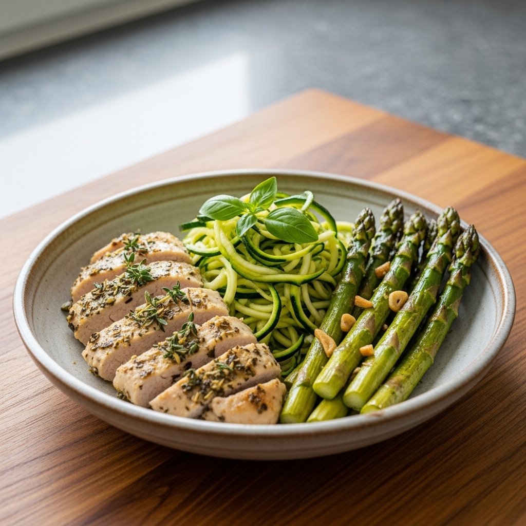 Delectable Paleo Italian Dinner: Herbed Chicken Scaloppine with Zucchini Noodles and Garlic Roasted Asparagus