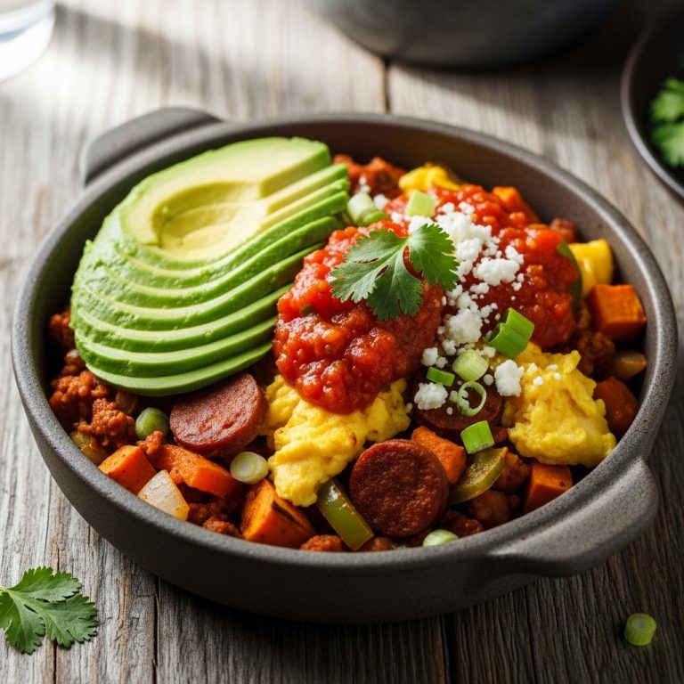 Delectable Paleo Mexican Breakfast Skillet with Avocado & Spicy Salsa