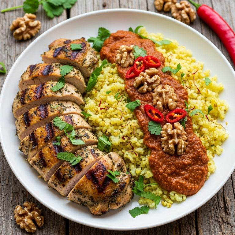 Delectable Persian Keto Lunch: Aromatic Herbed Chicken with Cauliflower Rice & Spicy Walnut Sauce