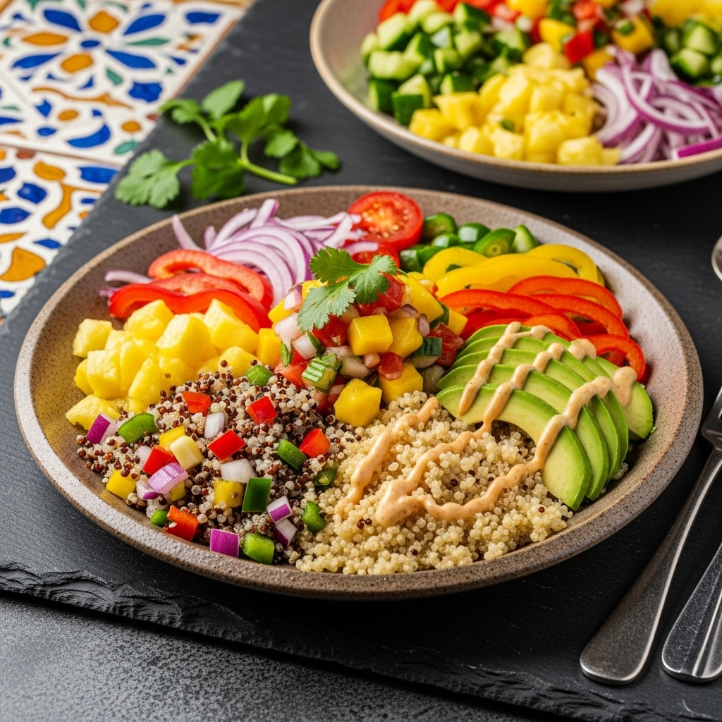 Delectable Polynesian Lunch: Vegetarian Tropical Quinoa Bowls with Mango Salsa