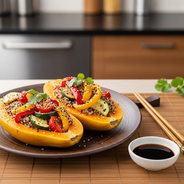 Delectable Polynesian Stuffed Papaya Boats with Quinoa and Grilled Vegetables