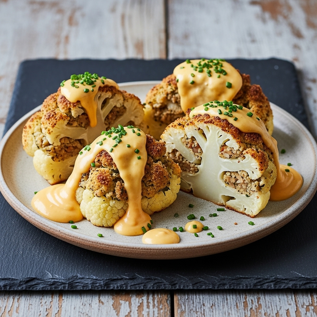 Delectable Scottish Stuffed Cauliflower Steaks with Cheesy Leek Sauce: A Vegetarian Delight!