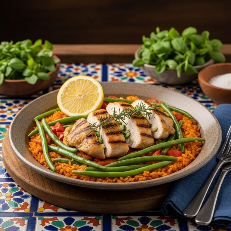 Delectable Spanish Dinner: Gluten-Free Paella with Grilled Lemon Herb Chicken and Crunchy Green Beans