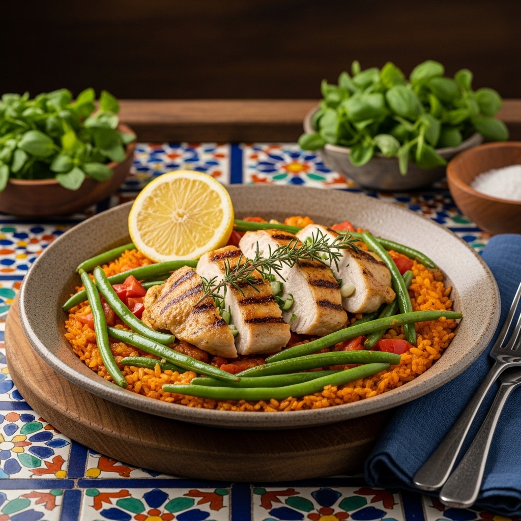 Delectable Spanish Dinner: Gluten-Free Paella with Grilled Lemon Herb Chicken and Crunchy Green Beans