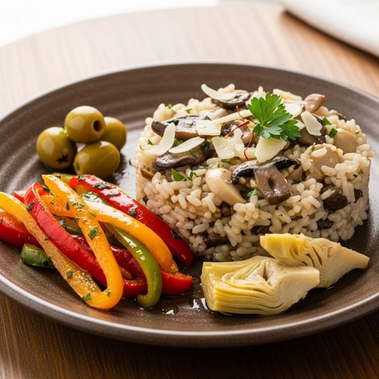 “Delectable Spanish Lunch for Vegetarians: Mushroom Risotto & Bell Pepper Tapas”