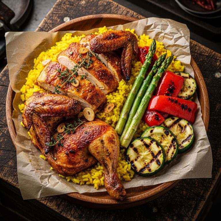 Delectable Spanish Roasted Chicken with Saffron-Infused Rice and Grilled Vegetables