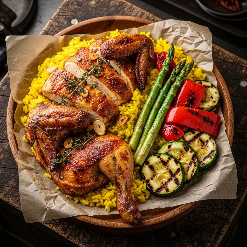 Delectable Spanish Roasted Chicken with Saffron-Infused Rice and Grilled Vegetables