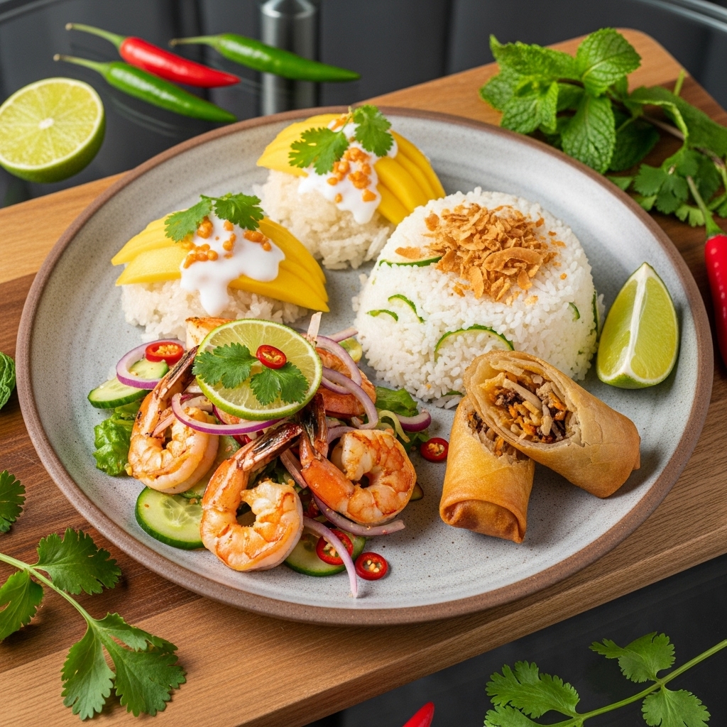 Delectable Thai Brunch Platter with Spicy Shrimp Salad and Coconut-Lime Rice