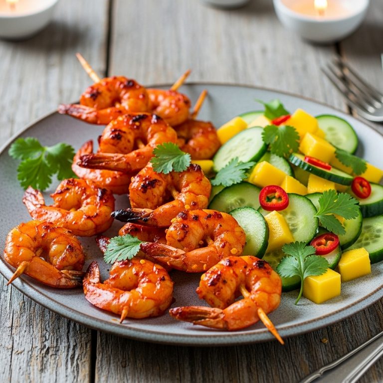 Delectable Thai Snack: Spicy Paleo Shrimp Skewers with Cucumber-Mango Salad