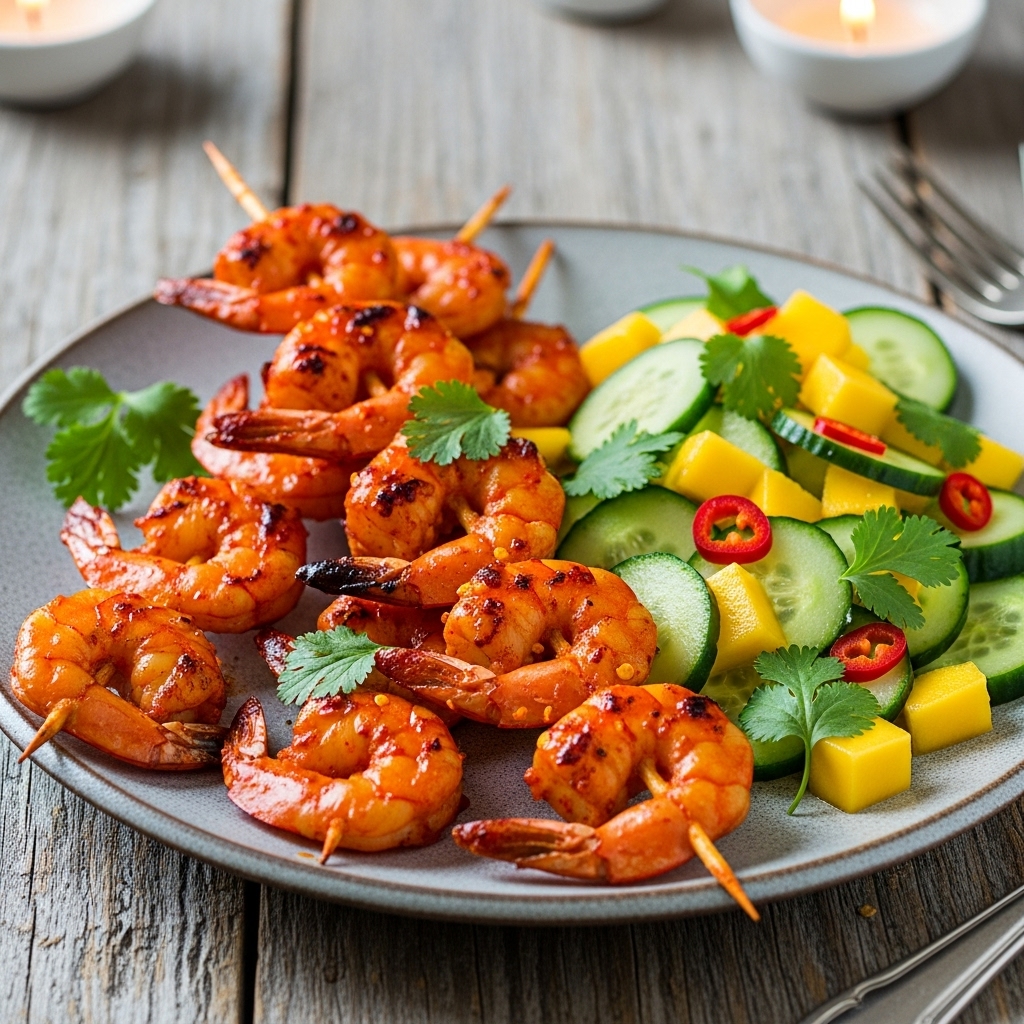 Delectable Thai Snack: Spicy Paleo Shrimp Skewers with Cucumber-Mango Salad