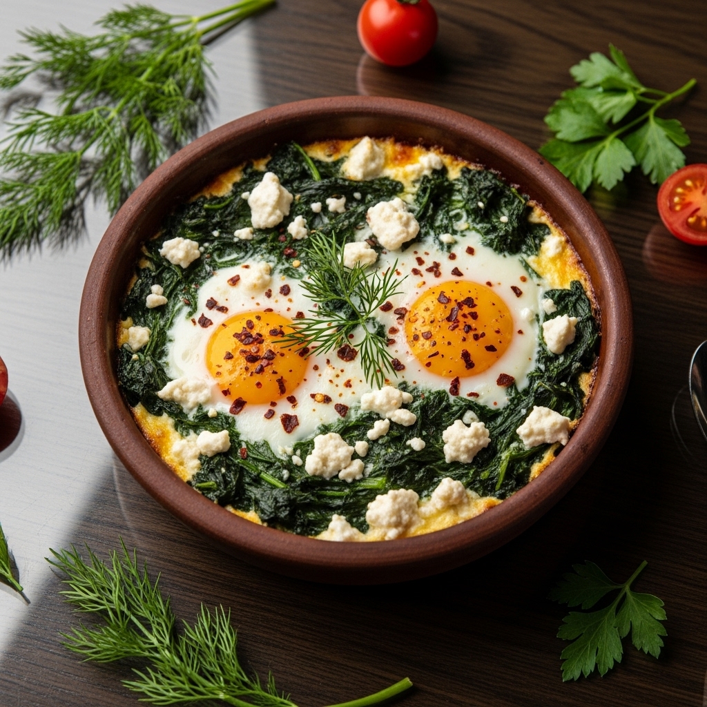 Delectable Turkish Brunch Delight: Baked Eggs with Spinach and Feta