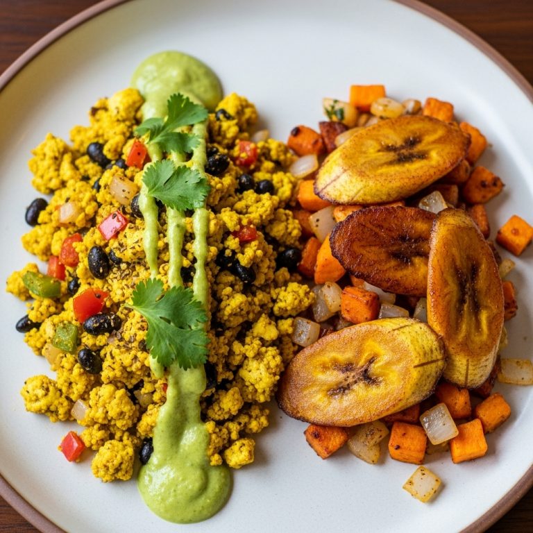 Delectable Vegan Cuban Brunch: Tofu Scramble & Plantain Hash – A Sensory Feast