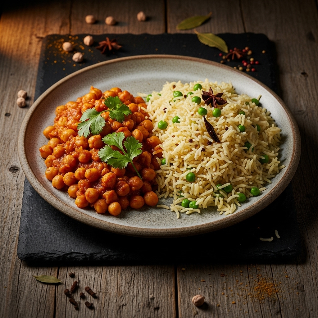 “Pakistani Vegan Feast: Spicy Chickpea Curry & Aromatic Basmati Rice”