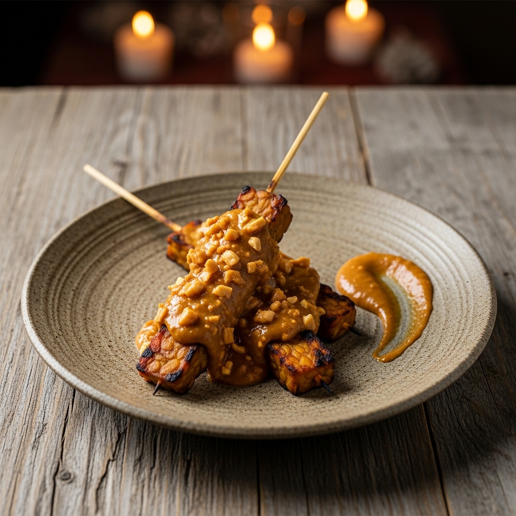 Delectable Vegan Indonesian Snack: Tempeh Sate Keto and Crunchy Peanut Sauce