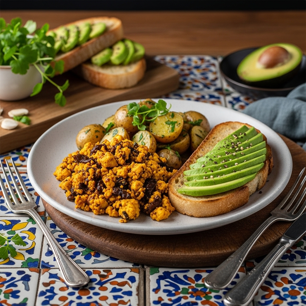 “Delectable Vegan Irish Brunch: Smoky Tofu Scramble with Herb-Infused Potatoes & Fresh Avocado Toast”