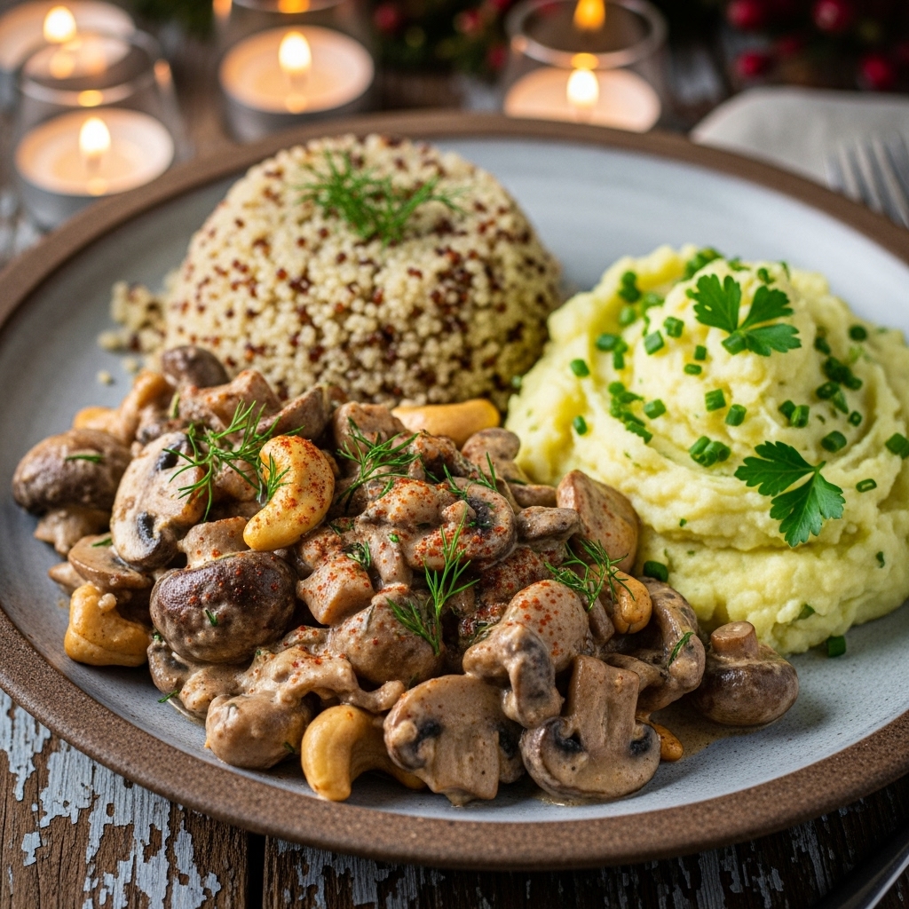 Delectable Vegan Russian Dinner: Mushroom Stroganoff with Quinoa & Garlic Herb Mashed Potatoes