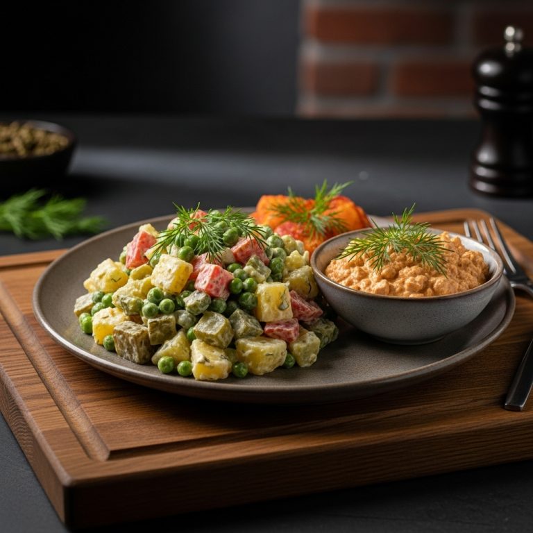 Delectable Vegan Russian Lunch Feast: Hearty Vegetable Potato Salad & Creamy Tofu Dill Sauce