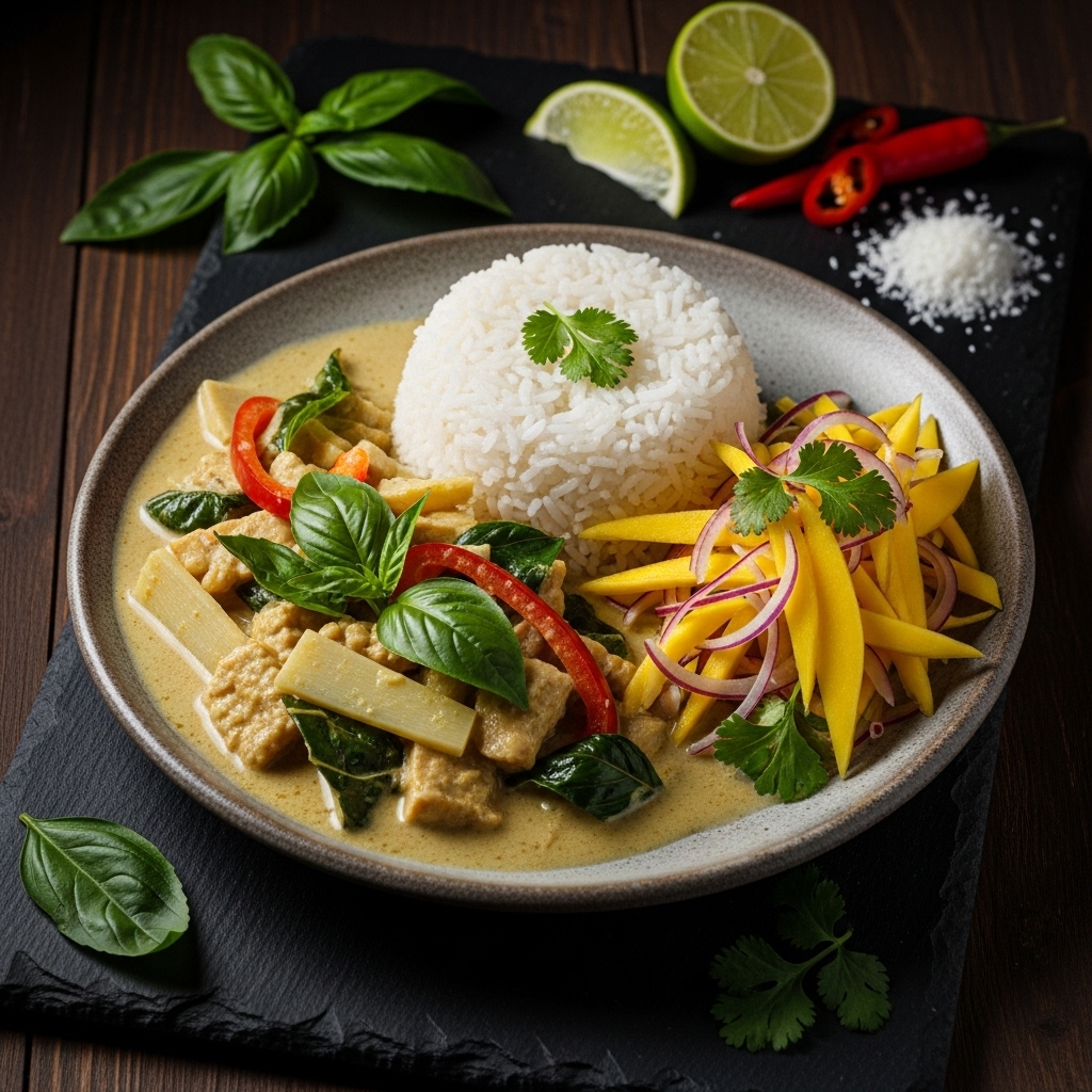 Delectable Vegan Thai Green Curry with Coconut Rice and Mango Salad