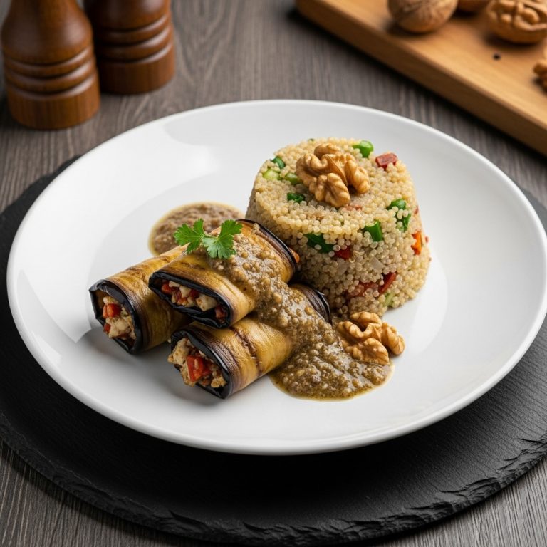 Delectable Vegan Turkish Feast: Creamy Mushroom Stuffed Eggplant Rolls & Quinoa Pilaf with Walnut Herb Sauce