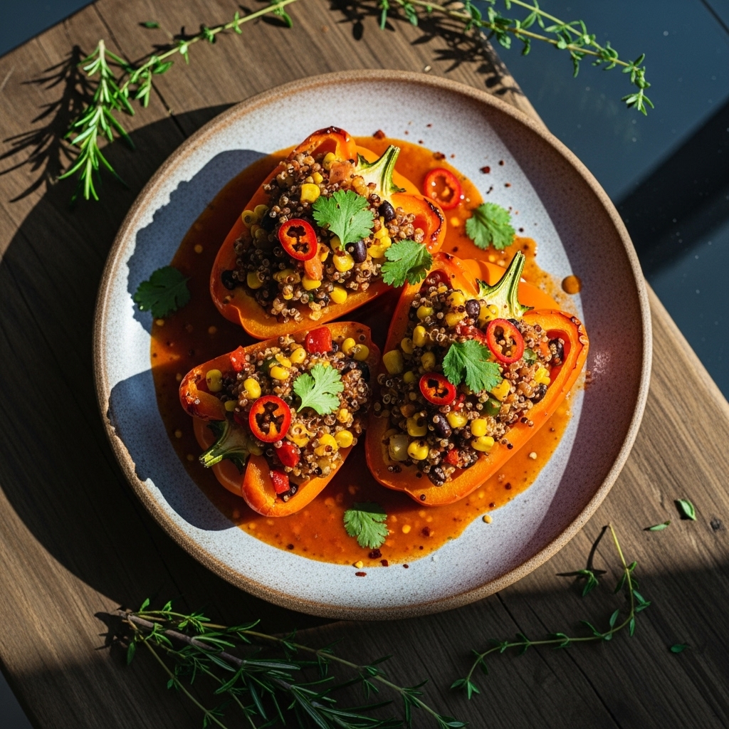 “Delectable Vegetarian Chilean Lunch: Quinoa-Stuffed Bell Peppers with Spicy Tomato Sauce”
