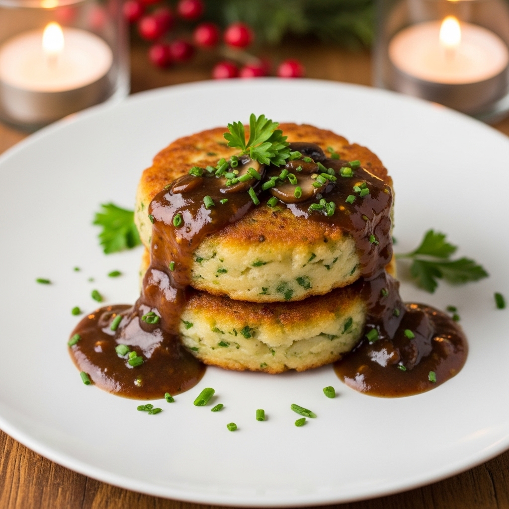 Delectable Vegetarian Irish Lunch: Mushroom Dubliner Potato Cakes with Garlic Herb Gravy