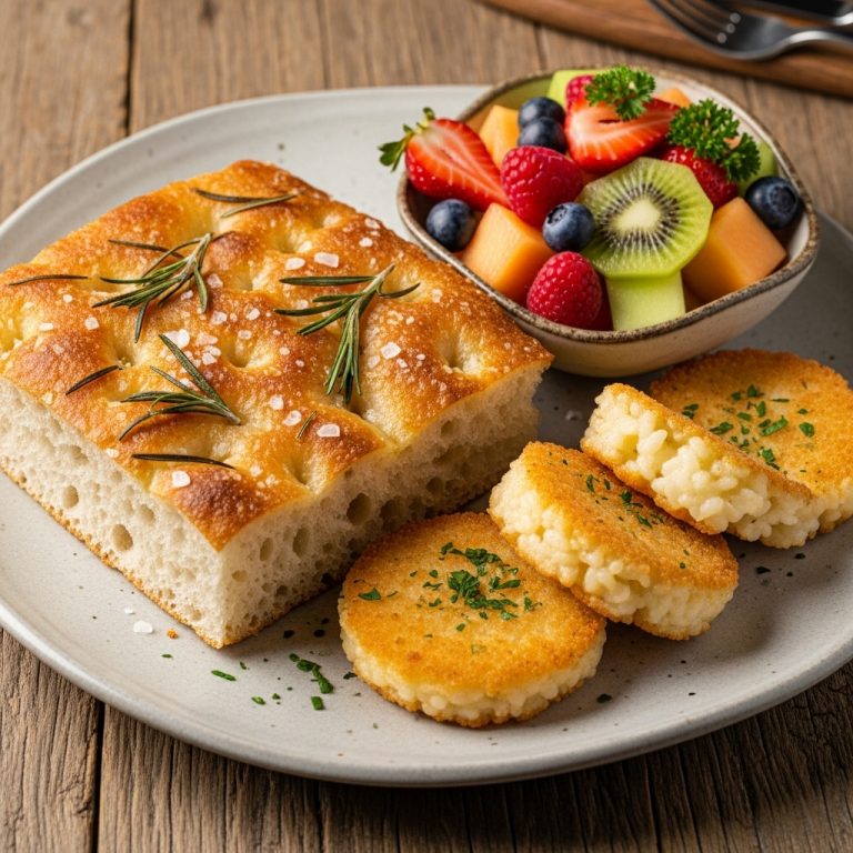 Delectable Vegetarian Italian Breakfast Platter: Aromatic Focaccia, Rich Risotto Cakes, and Fresh Fruit Salad