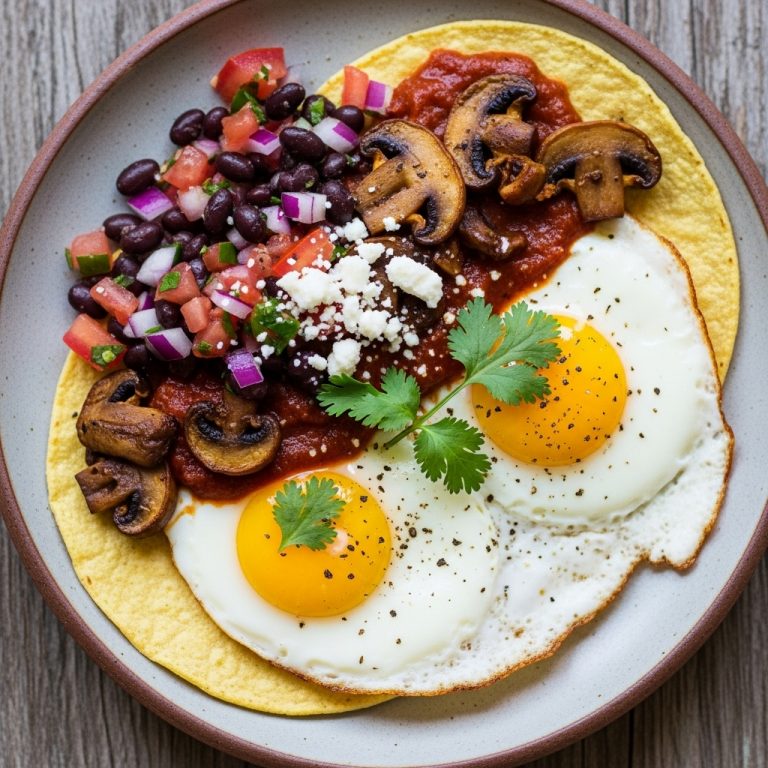“Delectable Vegetarian Mexican Brunch: Spiced Mushroom Huevos Rancheros with Black Bean Salsa”