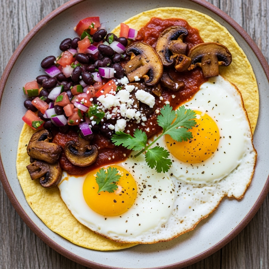 “Delectable Vegetarian Mexican Brunch: Spiced Mushroom Huevos Rancheros with Black Bean Salsa”