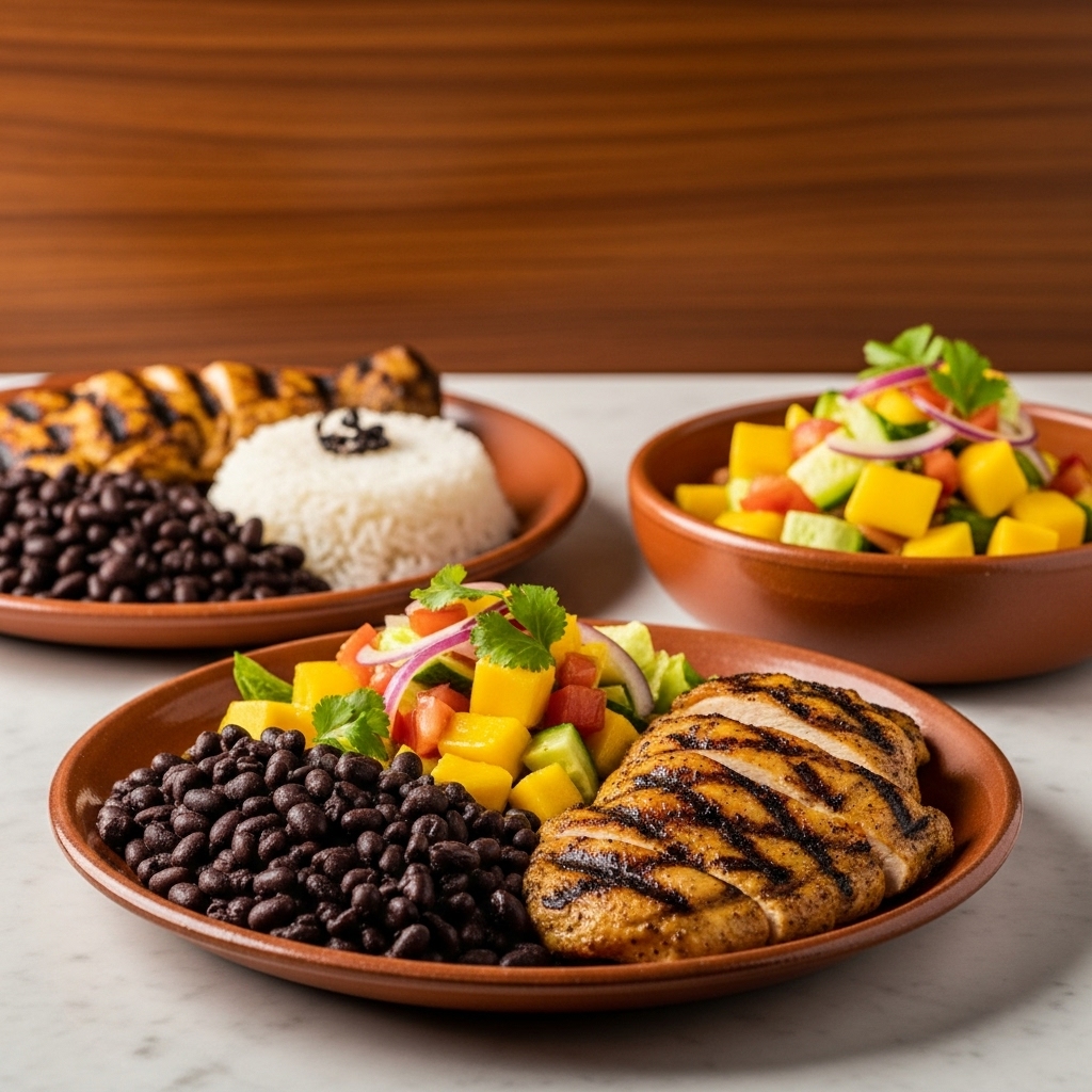 “Delicious Cuban Dinner for Two: Grilled Mojo Chicken, Black Beans and Rice, and Tropical Mango Salad”